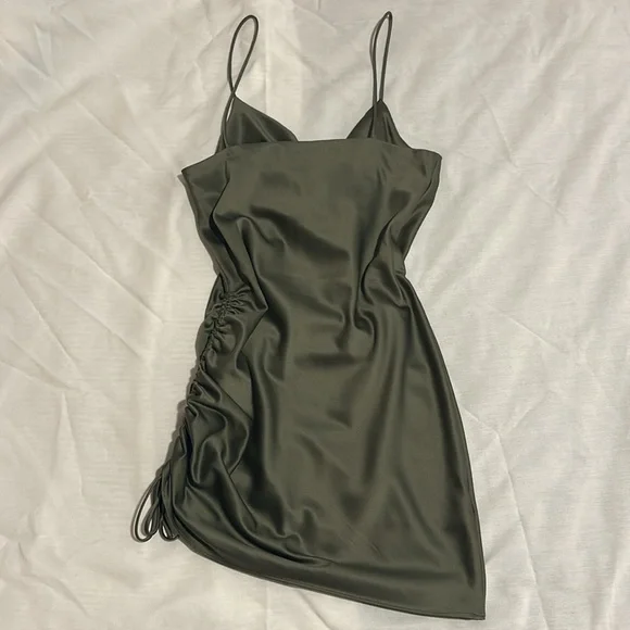 Topshop Cowl Neck Green Satin Asymmetrical Mini Dress - Picture 2 of 3